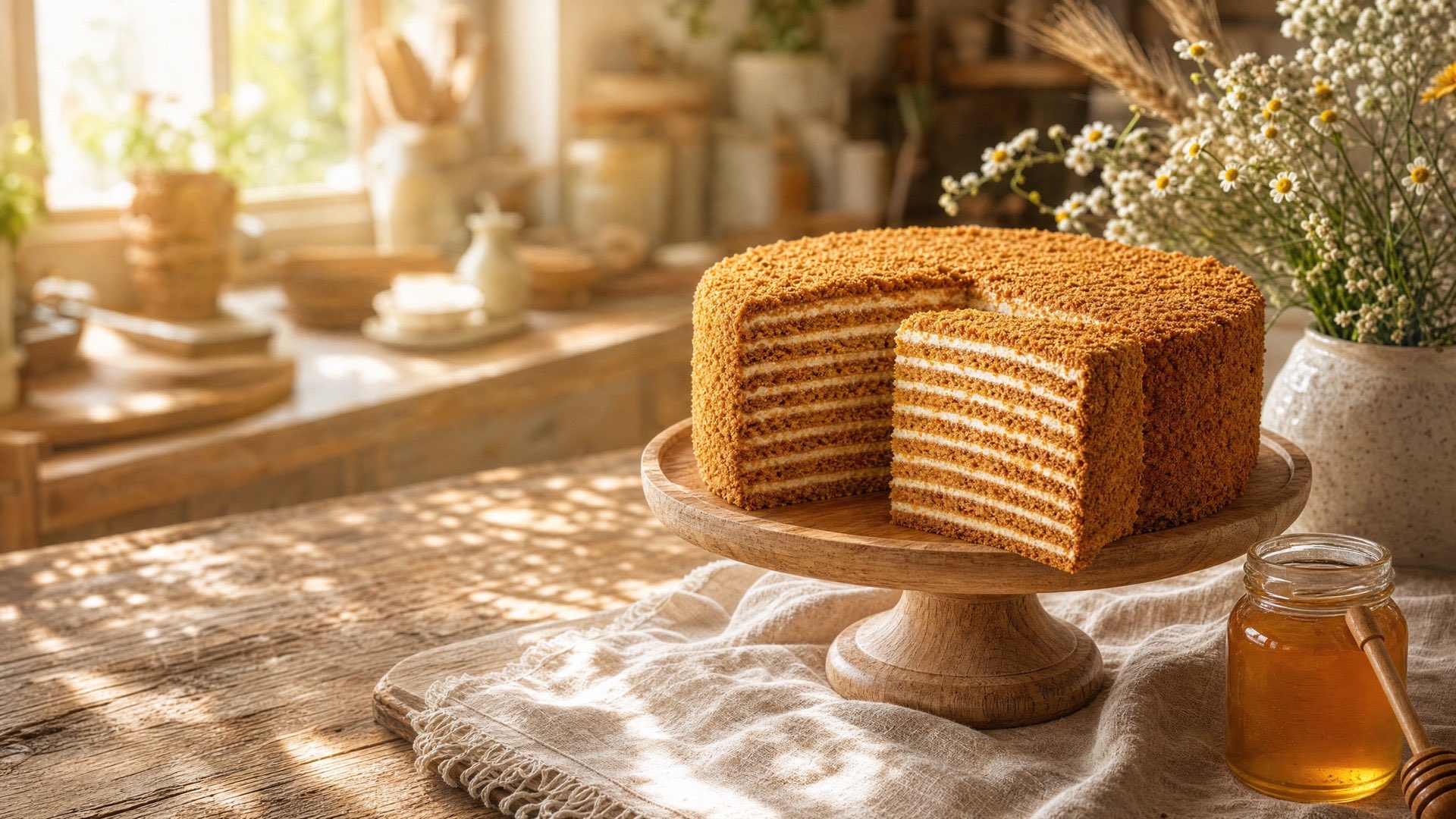 A honey layer cake from Dinara Bakery, one slice cut to show the golden layers, in a sunlit kitchen